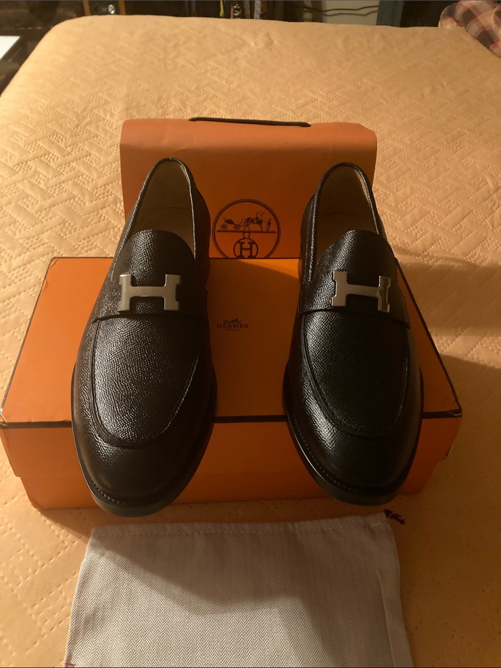 Hermes Black Pebbled Leather H-Buckle Slip-On Loafers